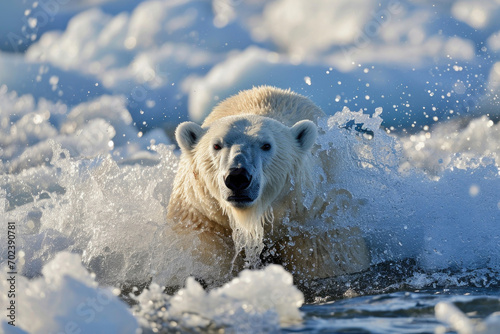 A polar bear emerging from the Arctic waters with a splash