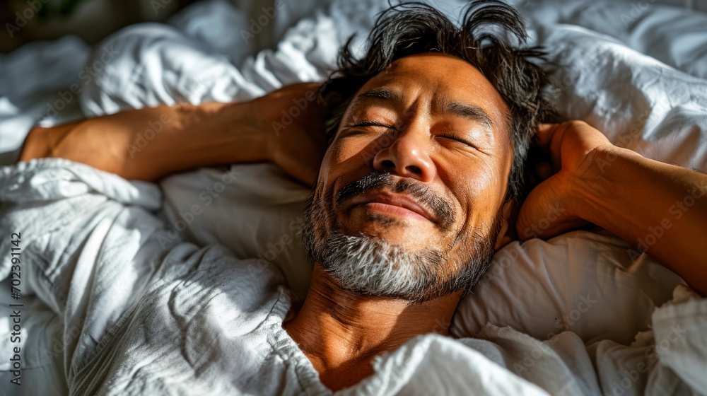 Fototapeta premium Portrait of an adult man smiling in his sleep, sunlight on his face, World Sleep Day concept