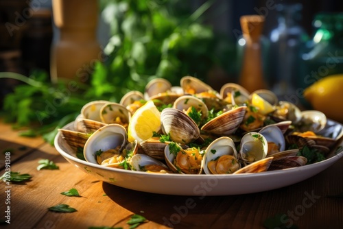 Portuguese Seafood Culinary: Savor the essence of Portugal's gastronomy with Ameijoas à Bulhão Pato, a dish of fresh clams, lemon, and parsley, presenting a flavorful and traditional culinary delight.