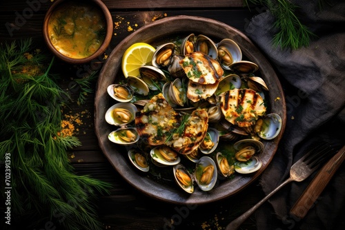 Fototapeta Naklejka Na Ścianę i Meble -  Portuguese Seafood Culinary: Savor the essence of Portugal's gastronomy with Ameijoas à Bulhão Pato, a dish of fresh clams, lemon, and parsley, presenting a flavorful and traditional culinary delight.