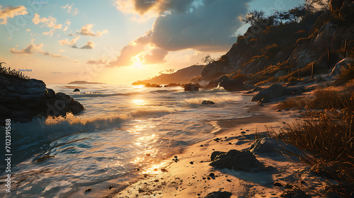 A sun rising on the horizon on a beach, facing the sea, where all you can see is sand, sea and sun,