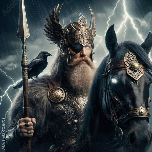 The great Nordic one-eyed god Odin with his ravens Hugin & Munin. God of wisdom, healing, death, battle and knowledge. Ancient Norse mythology. Scandinavian. Germanic paganism. Spear. Generative AI photo