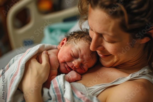 Miracle of Love: A sweaty and exhausted mother happily holds her newborn close to her chest in the hospital, capturing the emotional joy and tender bonding of their first encounter.

