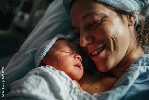 Miracle of Love: A sweaty and exhausted mother happily holds her newborn close to her chest in the hospital, capturing the emotional joy and tender bonding of their first encounter.