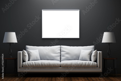 Minimalistic Interior of a room with white couch in front of a dark wall