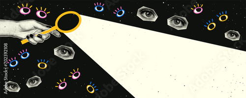 Fashionable halftone collage search bar. Hand with a magnifying glass, space for text, eyes with halftone effect. Modern retro illustration in pop art style.