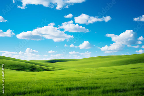 Spring Green Fields and Clear Blue Sky. Horizontal photo