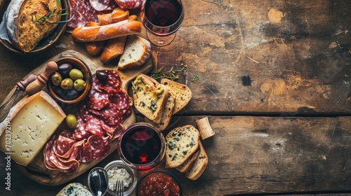 Spanish Culinary Fiesta: An enticing tapas and charcuterie banner with blank space for text, showcasing an assortment of cured meats, cheese, olives, and wine glasses against a rustic backdrop.
