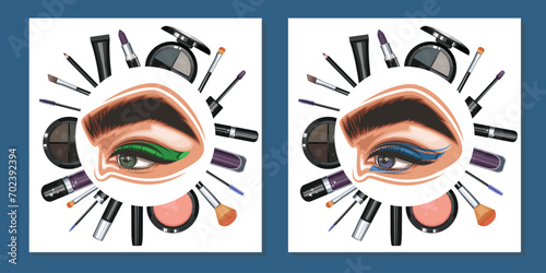 Colorful women's eyes with makeup. Eye makeup closeup.  Beauty Salon Social media design layout template. Beauty Salon Banner template. Hand-Drawn vector illustration female eyes set. 