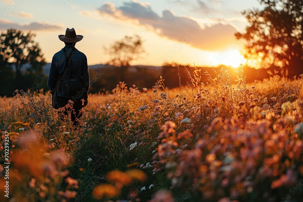 Fototapeta premium farmer inspects hay meadow at sunset