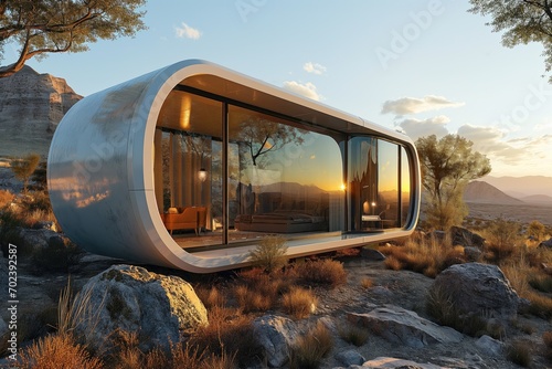 mini hotel, futuristic cabin in the mountainous area photo