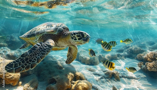 Ocean Harmony: Experience the serene beauty of a turtle and fish swimming together in the ocean, showcasing the peaceful coexistence and graceful collaboration of marine life.
