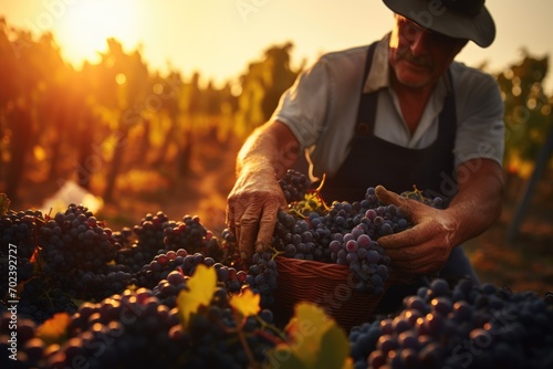 Harvest Elegance in Bordeaux: Experience the grace of the grape harvest season in Bordeaux's renowned vineyards, witnessing workers handpicking grapes under the warm autumn sun in this French winemaki photo