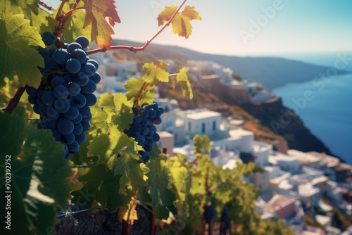 Vineyard Vista: Amidst Santorini's Stunning Seascape, Vines Laden with Grapes Soak in the Warmth of the Sun, Crafting Wines with the Essence of this Idyllic Island. photo