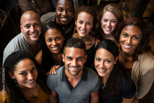 Faces of multiracial people looking at camera. Mixed race friends have fun together, talking smiling at taking selfies. Portrait of students of different nationalities. Diversity in society photo