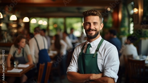 Confident waiter standing in restaurant with arms crossed