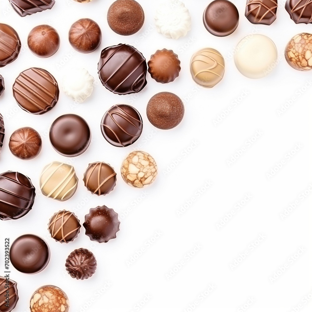 A variety of delicious chocolates arranged on a white background A variety of delicious chocolates arranged on a white background