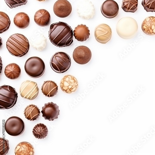 A variety of delicious chocolates arranged on a white background