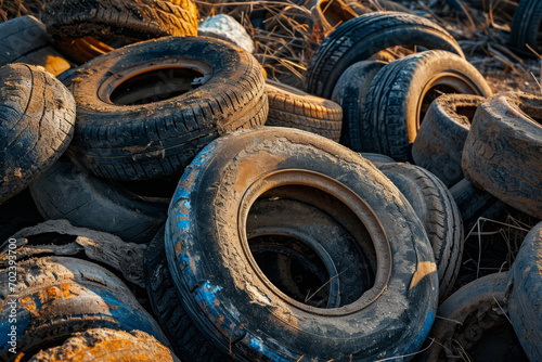 Landfill for recycling worn-out car tires. Stacked old using tires on the ground. Environmental pollution