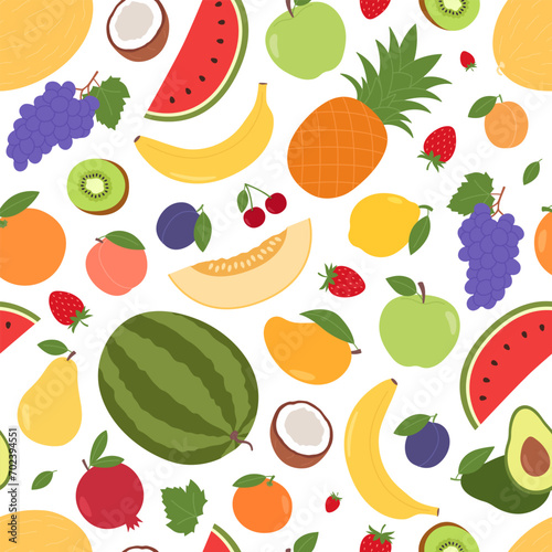 Fototapeta Naklejka Na Ścianę i Meble -  Seamless pattern with different fruits and berries. Natural tropical fruits. Organic, vegetarian food. Healthy eating. Vector flat illustration isolated on white background