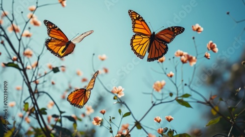 Monarch butterflies fluttering among delicate blooms under a clear blue sky, a dance of nature © Breezze
