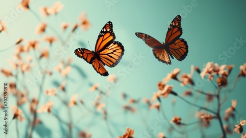 Monarch butterflies soaring over a field of flowers, embodying the essence of a vibrant ecosystem