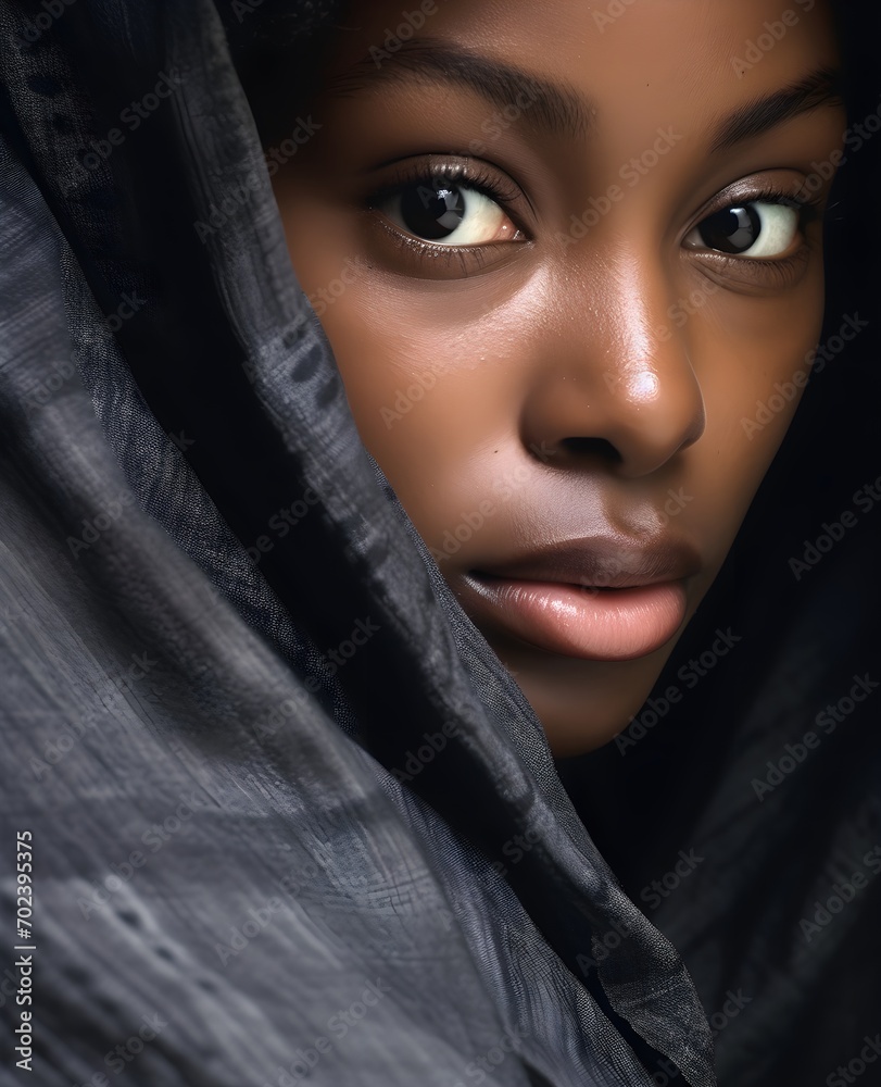 close portrait of a very beautiful black girl, African American, wearing a headscarf, Muslim close portrait of a very beautiful black girl, African American, wearing a headscarf, Muslim