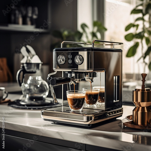 A high-end espresso machine brewing a perfect cup of coffee in a modern kitchen 