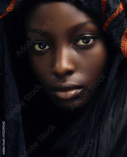 close portrait of a very beautiful black girl, African American, wearing a headscarf, Muslim