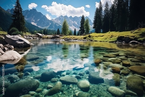 Stunning view of a crystal clear river flowing through a lush green valley with snow capped mountains in the distance