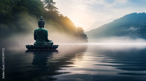 A tranquil and mystical scene with a statue of Buddha in sunrise, positioned in a meditative pose on top of an ornate lotus flower base, surrounded by calm waters and misty mountains. © Andrey