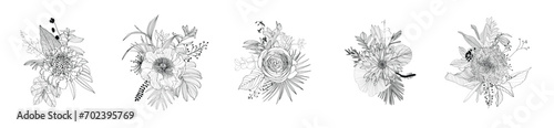 Floral bouquets big set with line hand drawn herbs, tropical palm leaves and flowers in sketch style.
