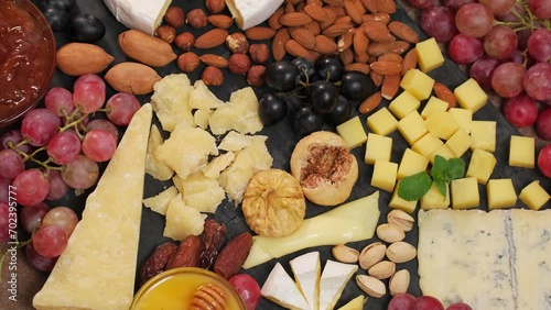 Cheese platter with various types of cheese - parmesan brie roquefort camembert maasdam. Gourmet appetizer, snack food. Assortment of various Spanish french Italian appetizers. Cheese plate rotating s photo