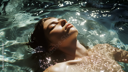 A young woman with her eyes closed partially submerged in water with small ripples. Sunlight is shining on the water, creating bright reflections and giving it a sparkling appearance. Dreamy mood.