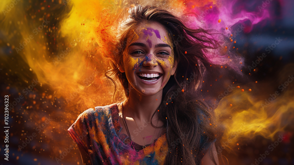 Portrait of beautiful young woman with colored powder on her face.