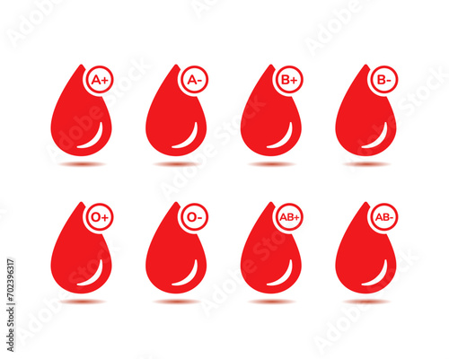 Blood group icon set. O, A, B, AB Positive and Negative Type of Blood Pictogram Set.