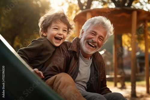 Happy grandfather and child have fun and play in park  photo