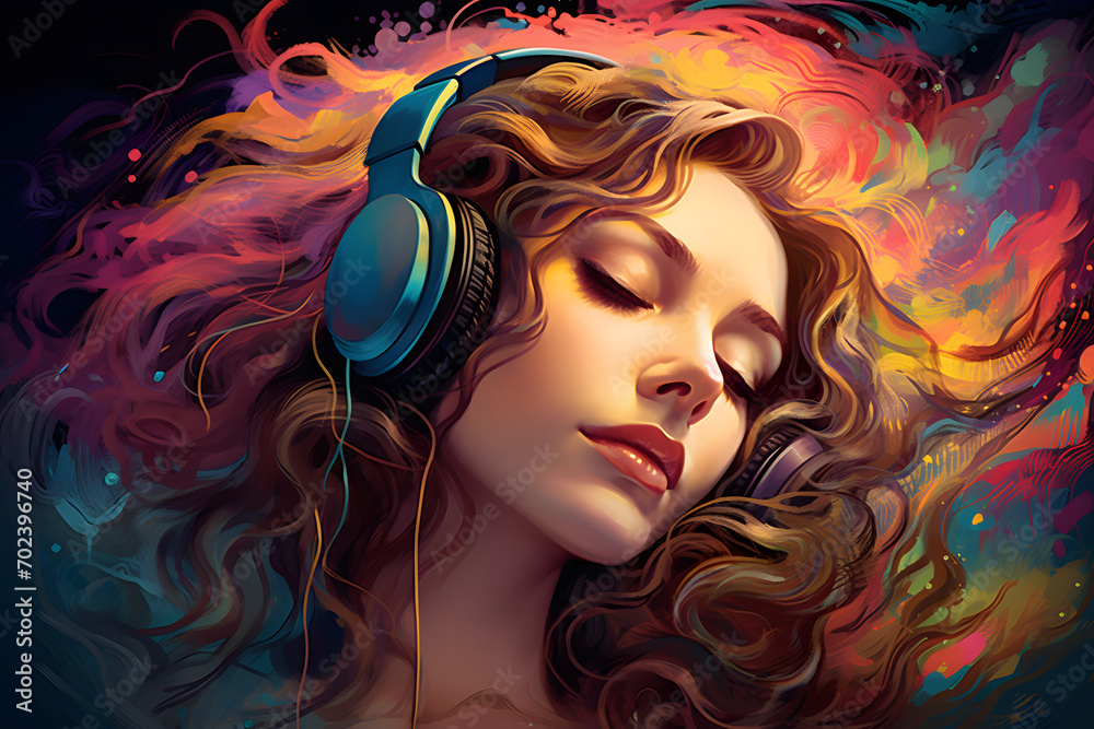 Klangvolle Vielfalt: Illustration einer leidenschaftlichen Frau, die bunt umrahmt von Musik in Kopfhörern aufgeht
