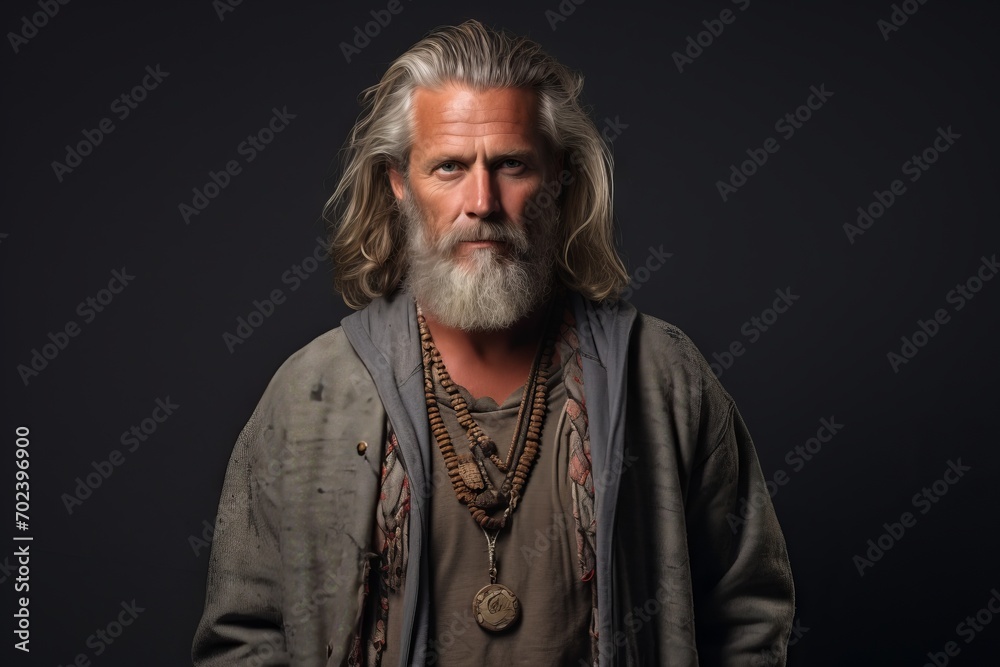 Portrait of a handsome senior man with long gray hair and beard wearing traditional costume. Portrait of a handsome senior man with long gray hair and beard wearing traditional costume.