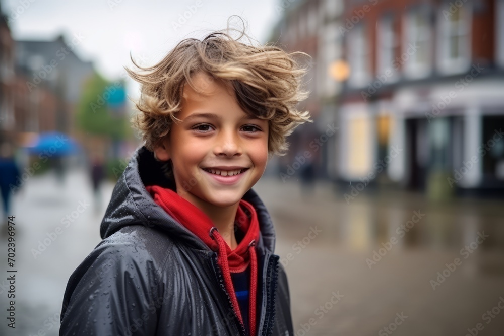 Portrait of a smiling boy standing in the street in the rain