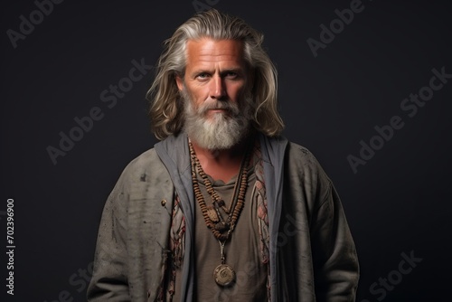 Portrait of a handsome senior man with long gray hair and beard wearing traditional costume.