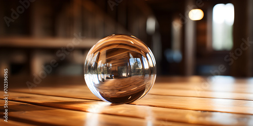 A glass ball on a wood surface, Glass transparent crystal glass ball.
