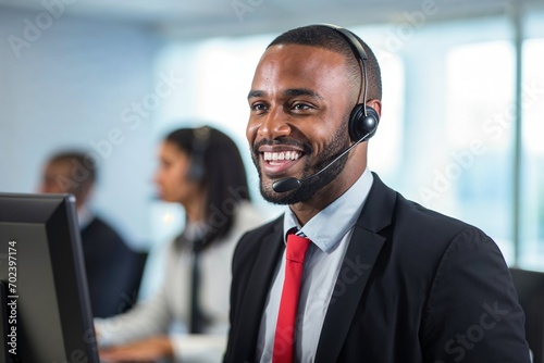 A black man, dark-skinned male operator with brown eyes, with a broad smile answering a call with headphones and a microphone. Concept: Personalized customer service.