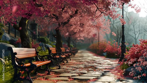 Spring scenery. Spring forest path. pink sakura color tree, benches in a city park with beautiful view. Nature scene in sunset. Cartoon or anime illustration video style background  photo