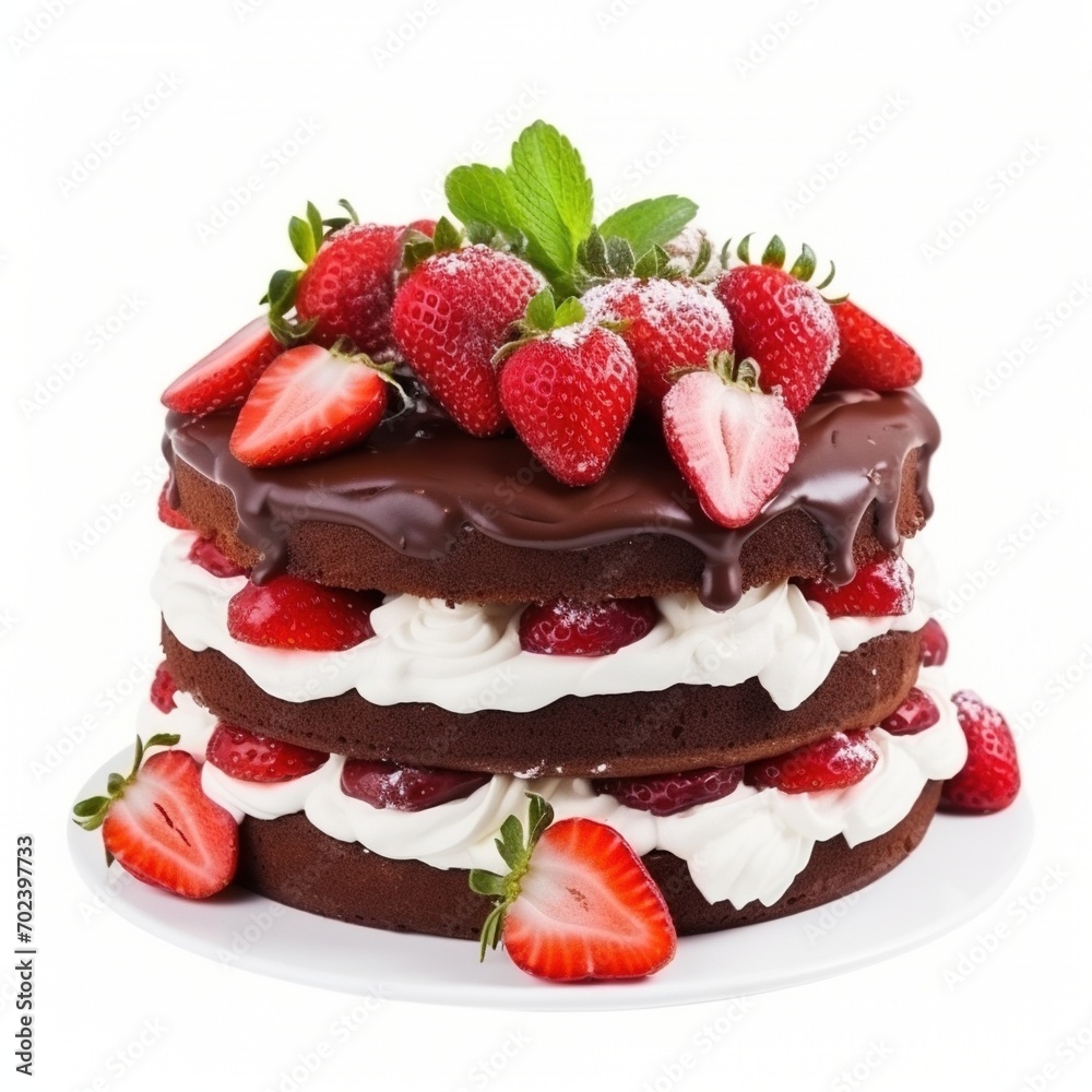 A delicious chocolate cake with strawberries and cream A delicious chocolate cake with strawberries and cream