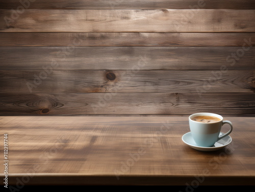 Blue coffee cup on a wooden table