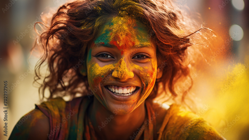 Portrait of a happy young woman covered in holi paint.