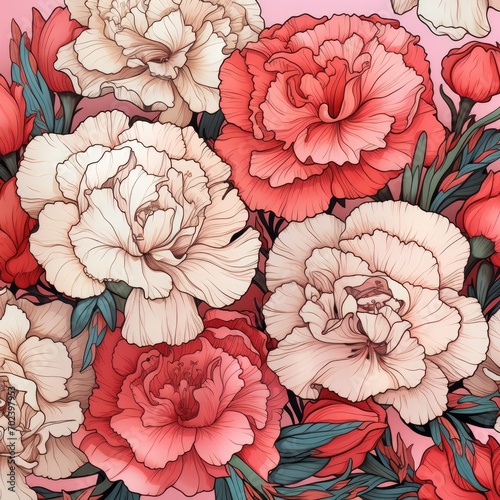 Carnations Floral Pattern Print for Retro Clothing Textile Design, Vintage Fashion Concept Art, Kitsch Flower Wallpaper Painting, Cottagecore Background, Gardening Blog Background