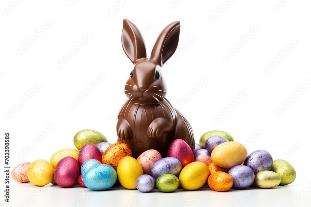 Sweet chocolate rabbit and easter eggs on white background Sweet chocolate rabbit and easter eggs on white background