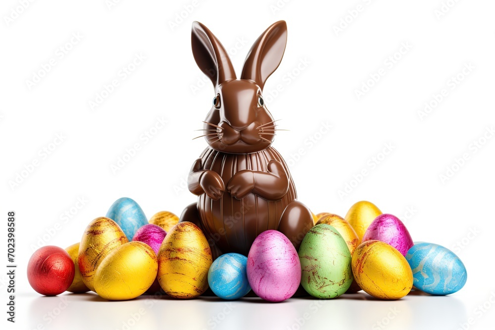 Sweet chocolate rabbit and easter eggs on white background Sweet chocolate rabbit and easter eggs on white background